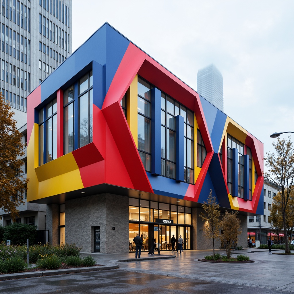 Prompt: Vibrant gymnasium exterior, bold expressionist fa\u00e7ade, dynamic curved lines, futuristic cantilevered rooflines, large windows with metal frames, abstract sculptural details, bright primary color scheme, contrasting textures of concrete and glass, urban cityscape background, morning misty atmosphere, softbox lighting, high contrast ratio, 1/2 composition, architectural photography style, realistic reflections, ambient occlusion.