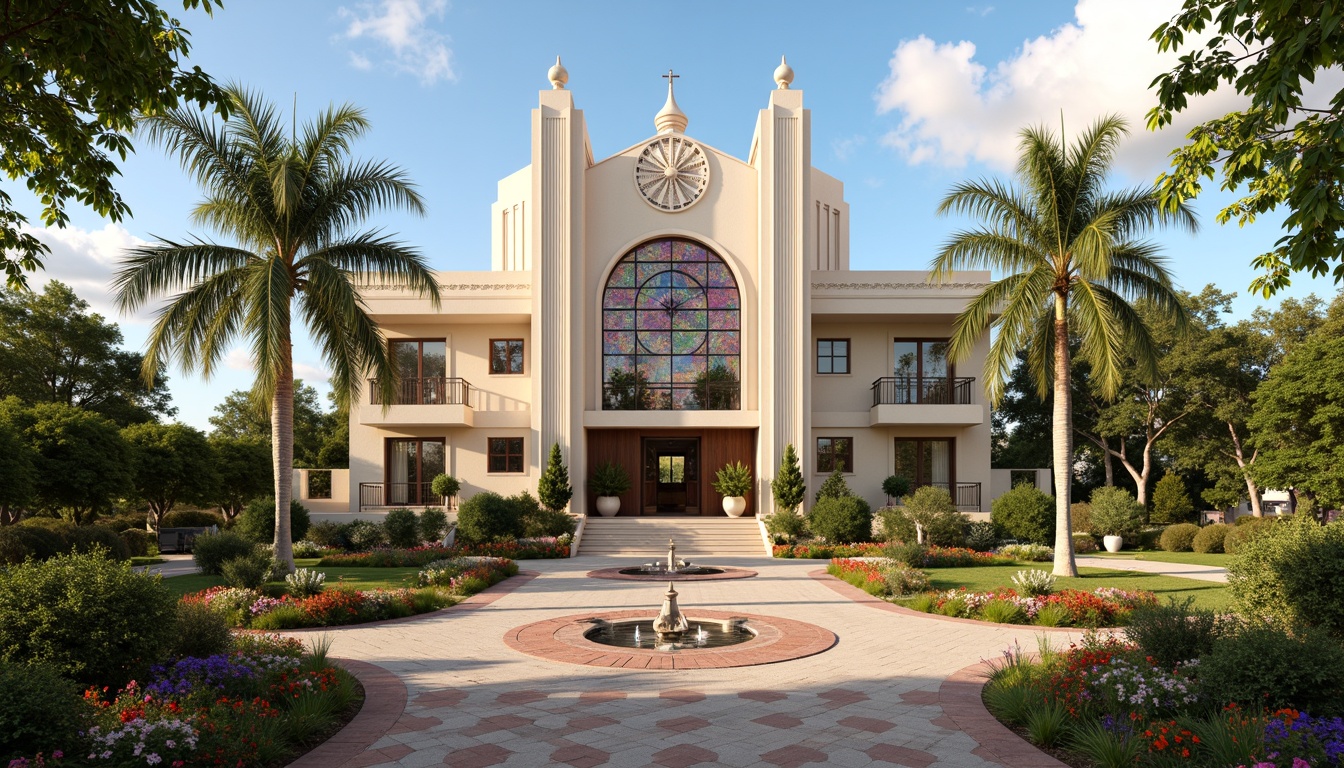 Prompt: Art Deco church, symmetrical facade, ornate stone carvings, grand entrance, sweeping staircases, intricate metalwork, vibrant stained glass windows, lush greenery, manicured lawns, decorative fountains, geometric patterned walkways, colorful tile mosaics, tropical palm trees, blooming flowers, warm sunny day, soft golden lighting, shallow depth of field, 1/1 composition, realistic textures, ambient occlusion.