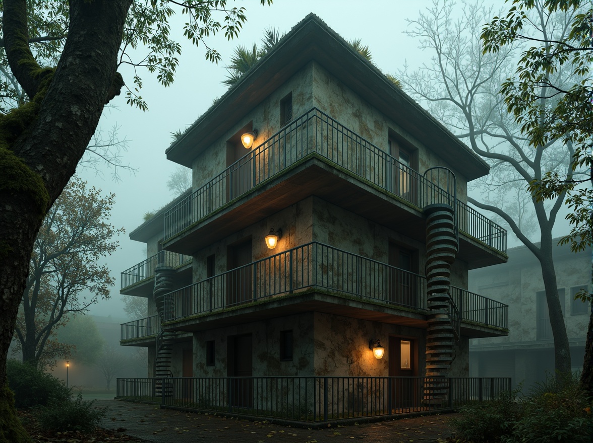 Prompt: Rustic watching tower, eerie misty atmosphere, twisted tree branches, overgrown vines, worn stone walls, moss-covered roofs, wooden latticework, lantern-style windows, distressed metal railings, spiral staircases, mysterious ancient artifacts, foggy mornings, warm golden lighting, cinematic composition, atmospheric perspective, impressionist brushstrokes.