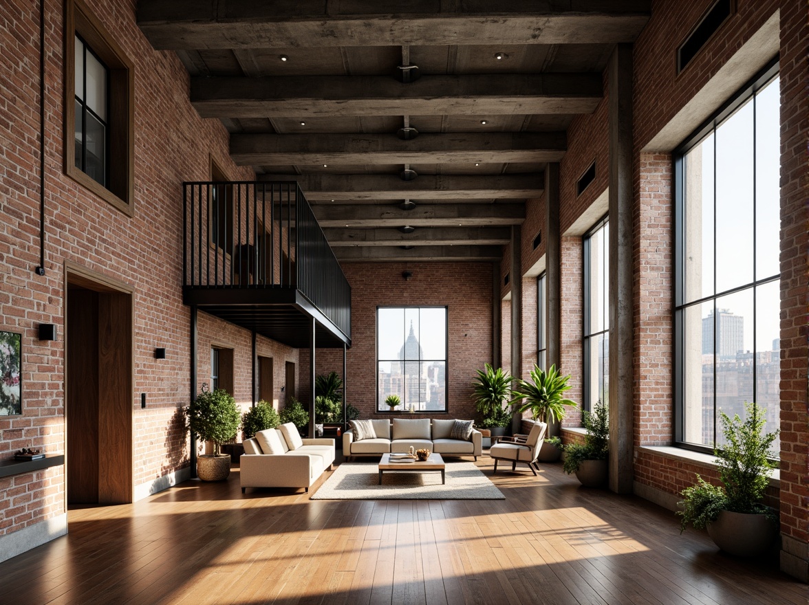 Prompt: Exposed brick walls, reclaimed wood flooring, industrial metal beams, open-plan living space, floor-to-ceiling windows, natural ventilation systems, energy-efficient appliances, solar panels, green roofs, rainwater harvesting systems, minimalist decor, recycled materials, eco-friendly furniture, urban cityscape views, modern loft architecture, concrete columns, steel staircases, cozy reading nooks, warm ambient lighting, shallow depth of field, 2/3 composition, cinematic perspective, realistic textures, subtle color palette.