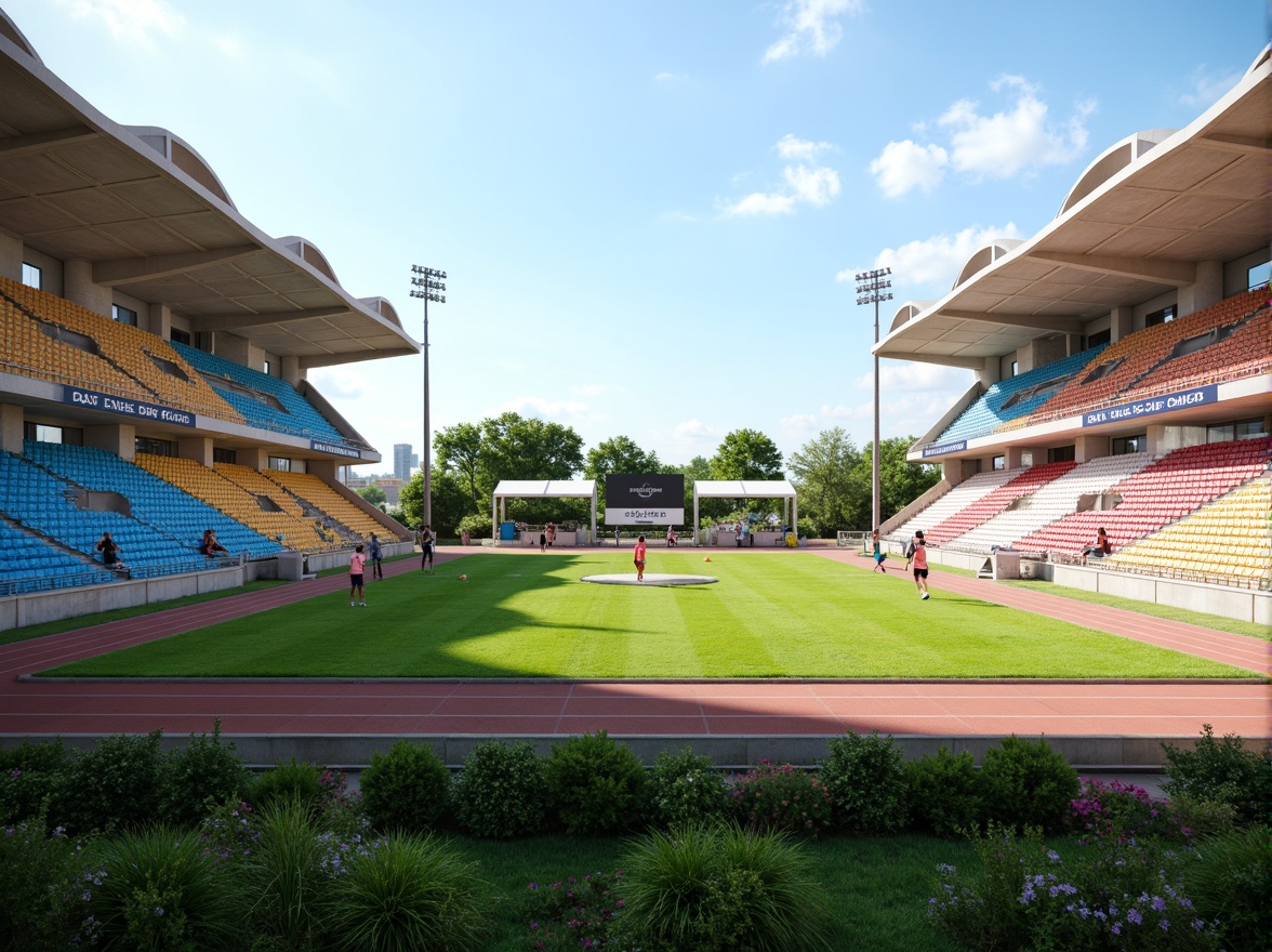 Prompt: Athletic track, lush green grass, vibrant stadium seating, goalposts, scoreboards, floodlights, sports equipment storage, modern architecture, curved lines, sleek metal railings, concrete flooring, rubberized surfaces, natural ventilation systems, shaded spectator areas, cantilevered roofs, asymmetrical compositions, dynamic spatial flow, 2/3 perspective, realistic textures, ambient occlusion.