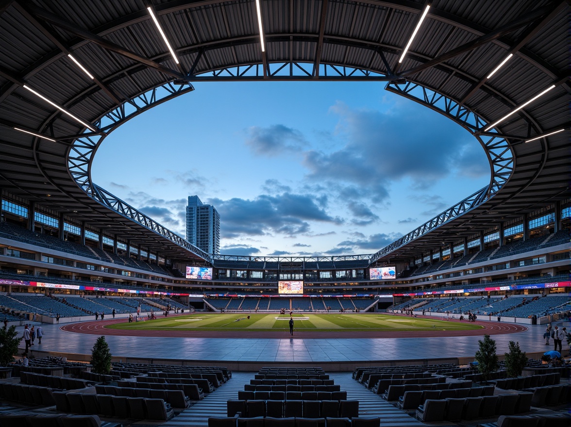 Prompt: Modern stadium architecture, exposed steel beams, industrial aesthetic, cantilevered rooflines, grandstand seating, sports field, athletic tracks, vibrant LED lighting, evening atmosphere, dynamic shadows, dramatic arches, open-air concourses, urban skyline views, sleek metal cladding, polished concrete floors, minimalist detailing, structural expressionism, futuristic ambiance, high-angle shots, 1/2 composition, cinematic lighting, realistic reflections.