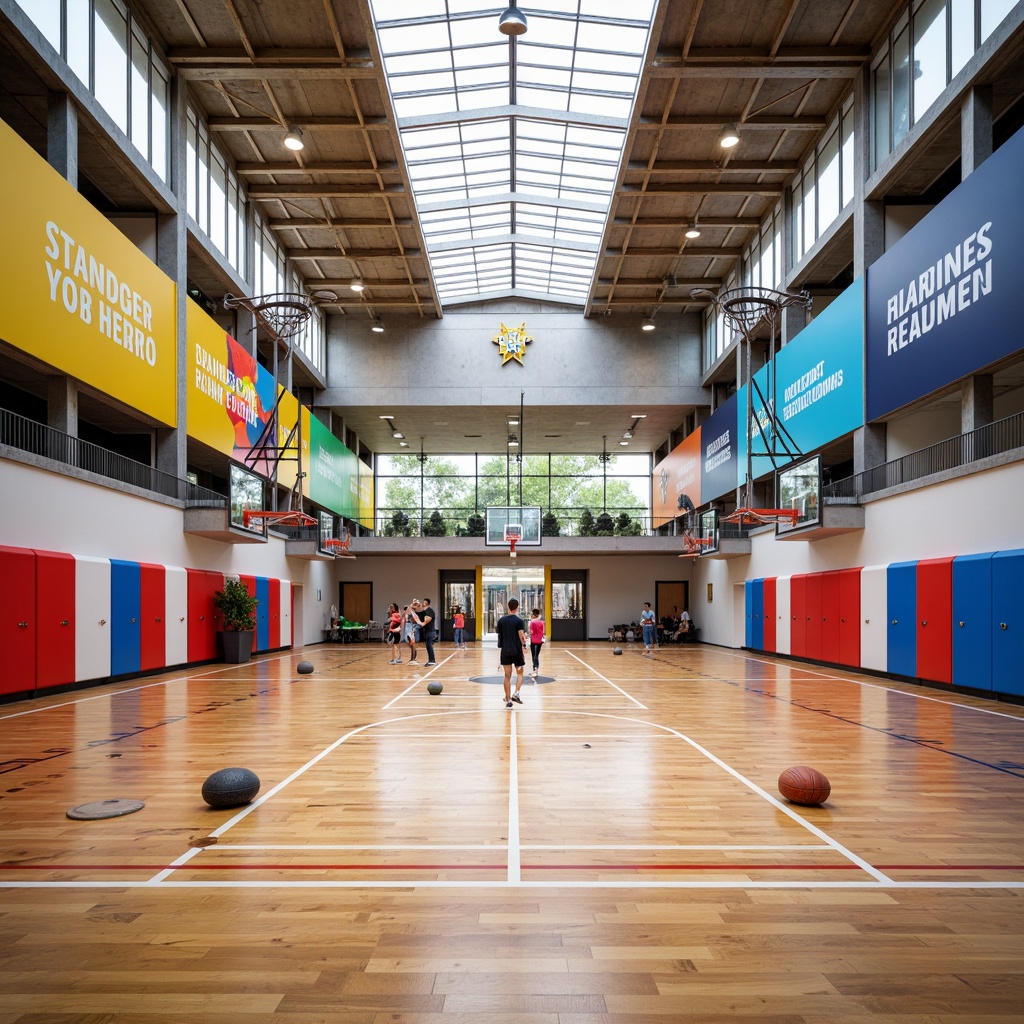 Prompt: Vibrant gymnasium interior, polished wooden floors, suspended basketball hoops, colorful athletic equipment, motivational quotes, natural light pouring through skylights, modern LED lighting, dynamic spatial layout, flexible seating arrangements, open spaces for socializing, minimalist architectural design, bold color schemes, energetic atmosphere, shallow depth of field, 1/1 composition, realistic textures, ambient occlusion.