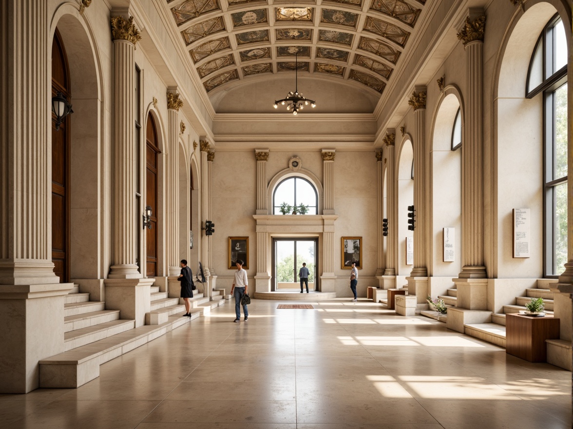 Prompt: Grand museum entrance, neoclassical facade, ornate stone carvings, symmetrical columns, grand staircases, elegant archways, sophisticated lighting fixtures, cream-colored marble walls, polished wooden floors, minimalist exhibit spaces, interactive display systems, educational signage, natural light flooding, shallow depth of field, 1/1 composition, panoramic view, realistic textures, ambient occlusion.