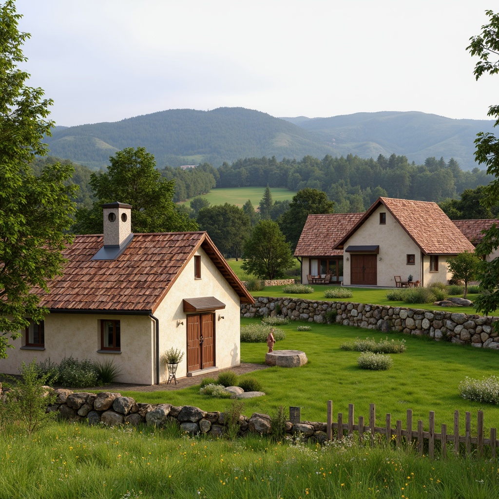 Prompt: Rustic rural homes, earthy brown roofs, weathered wooden fences, lush green meadows, wildflower fields, serene countryside views, rolling hills, natural stone walls, vintage metal gates, distressed wood textures, warm beige stucco, soft moss accents, muted color scheme, natural light, 1/1 composition, shallow depth of field, realistic renderings, ambient occlusion.