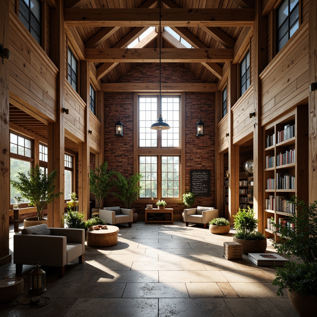 Prompt: Rustic barn-inspired academic buildings, wooden beams, exposed brick walls, large windows, clerestory lighting, natural stone floors, earthy color palette, warm soft light, diffused sunlight, gentle shadows, cozy reading nooks, comfortable seating areas, reclaimed wood accents, vintage metal lanterns, distressed textures, organic forms, serene atmosphere, peaceful ambiance, 1/1 composition, soft focus, warm color temperature, filmic quality.