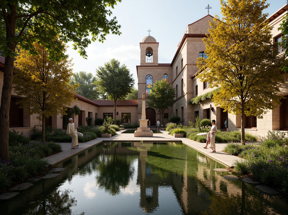 Prompt: Serene monastery courtyard, lush greenery, tranquil water features, spiritual statues, prayer gardens, peaceful walking paths, natural stone walls, rustic wooden doors, ornate bell towers, vibrant stained glass windows, warm golden lighting, shallow depth of field, 1/1 composition, panoramic view, realistic textures, ambient occlusion.