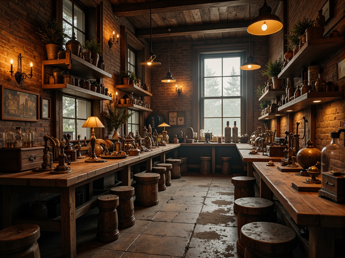 Prompt: Whimsical laboratory, distressed wooden tables, vintage scientific equipment, ornate metal fixtures, intricate stone carvings, mystical candlelit atmosphere, rich velvet drapes, worn leather-bound tomes, steampunk-inspired machinery, aged copper pipes, mysterious glassware, eerie misty ambiance, warm golden lighting, shallow depth of field, 1/2 composition, realistic textures, ambient occlusion.