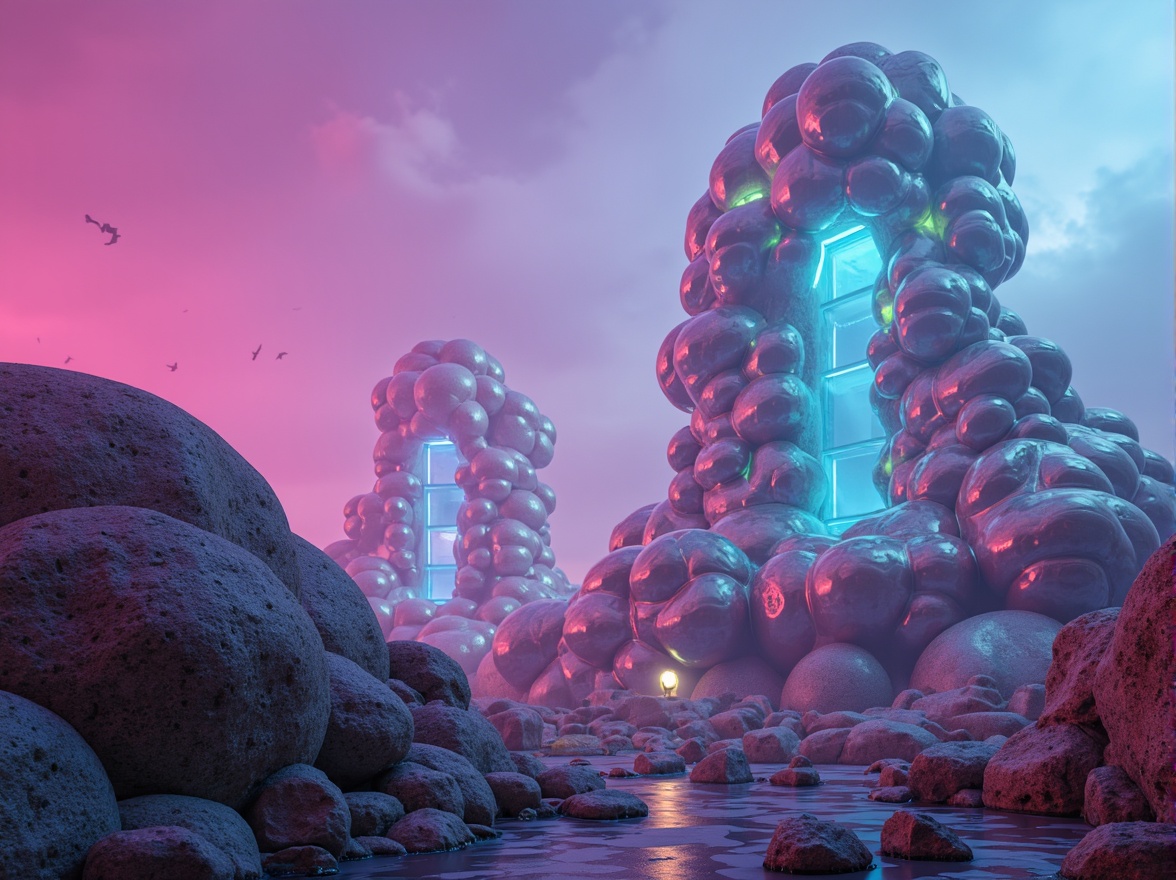 Prompt: Futuristic blob-like structures, iridescent colors, shimmering metals, neon lights, glowing accents, holographic effects, surreal landscapes, misty atmosphere, dreamy ambiance, soft focus, cinematic lighting, vibrant pink hues, electric blue tones, lime green accents, chrome finishes, glass surfaces, futuristic materials, extraterrestrial textures, abstract patterns, 3D modeling, low-poly aesthetic, atmospheric perspective, dramatic shadows, high-contrast lighting.