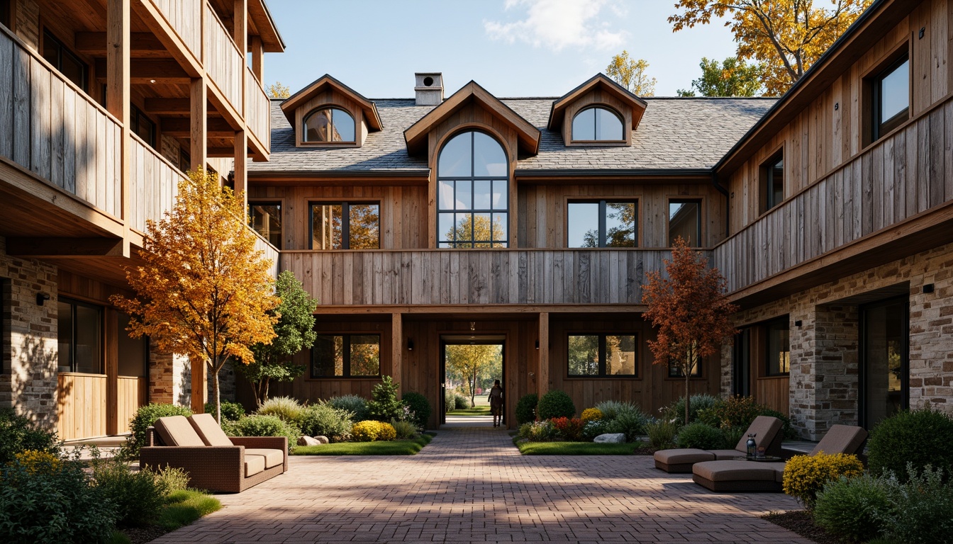 Prompt: Rustic barn-inspired academic building, weathered wood textures, distressed stone walls, pitched roofs, dormer windows, vintage metal accents, earthy color palette, natural light pouring through clerestory windows, cozy reading nooks, wooden beam ceilings, brick paved courtyard, lush greenery, autumnal foliage, warm golden lighting, shallow depth of field, 2/3 composition, symmetrical framing, realistic wood grain textures, ambient occlusion.