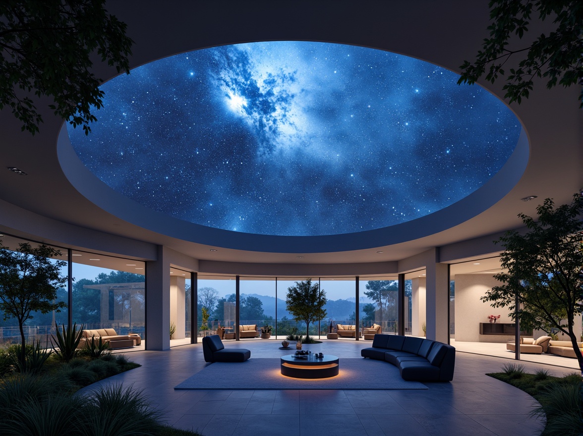 Prompt: Celestial planetarium homes, curved dome roofs, starry night sky projections, ambient soft lighting, ethereal glow, spacious open-plan interiors, minimalist decor, sleek glass walls, floor-to-ceiling windows, sliding doors, panoramic views, natural ventilation systems, energy-efficient insulation, futuristic home automation, subtle texture patterns, iridescent color schemes, serene atmosphere, 1/1 composition, high dynamic range, realistic reflections, ambient occlusion.