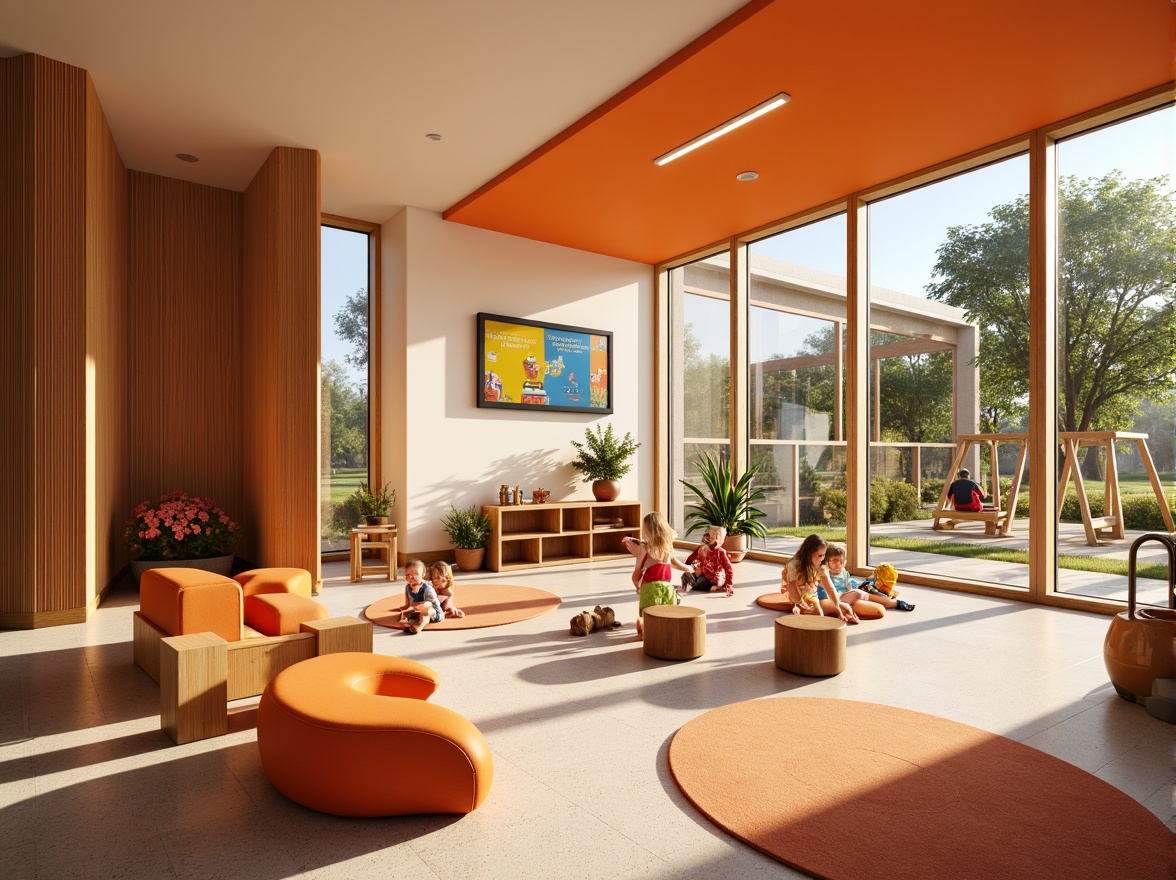 Prompt: Vibrant kindergarten, warm orange accents, playful rounded shapes, sturdy wooden furniture, soft carpeted floors, colorful educational posters, lively circular rugs, natural light-filled classrooms, cheerful flower arrangements, modern minimalist architecture, large windows, sliding glass doors, outdoor playground equipment, climbing frames, swings, blooming trees, sunny day, soft warm lighting, shallow depth of field, 3/4 composition, panoramic view, realistic textures, ambient occlusion.