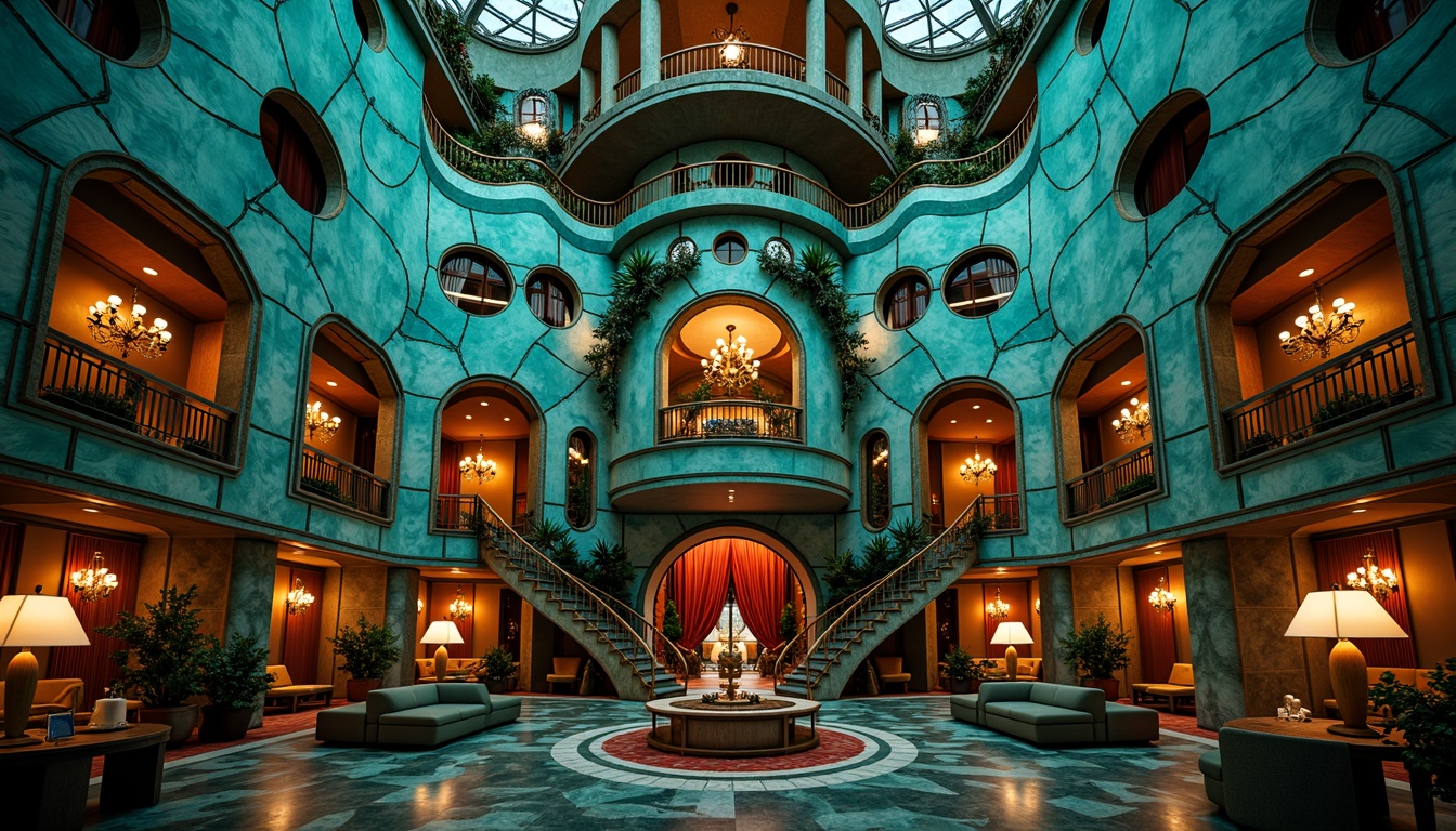 Prompt: Whimsical watching tower, ornate facade, intricate stonework, Art Nouveau details, curved lines, flowing shapes, vibrant turquoise hues, golden accents, ornamental ironwork, grandiose entrance, sweeping staircases, lavish chandeliers, rich velvet drapes, mystical ambiance, dramatic spotlights, 1/2 composition, shallow depth of field, warm sunset lighting, cinematic atmosphere.