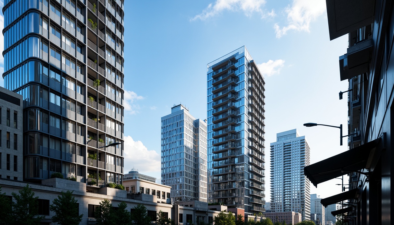 Prompt: Sleek watching towers, modernist facade design, rectangular forms, clean lines, minimal ornamentation, monochromatic color scheme, reflective glass surfaces, metallic accents, cantilevered balconies, futuristic aesthetic, urban cityscape, cloudy blue sky, dramatic lighting, high contrast shadows, 1/1 composition, symmetrical framing, sharp focus, realistic textures, subtle ambient occlusion.