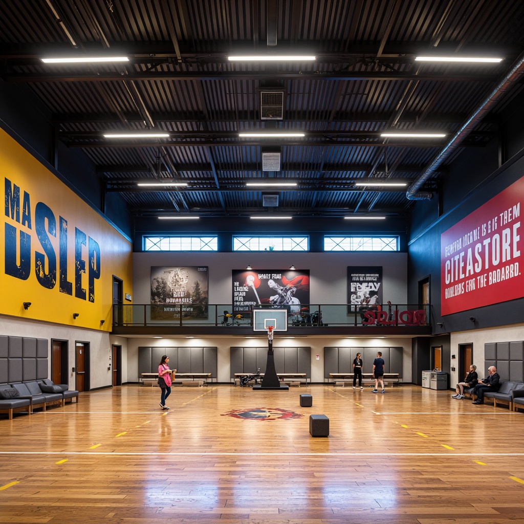 Prompt: Modern gymnasium interior, polished wooden floors, accent walls with bold graphics, dynamic LED lighting, suspended ceiling systems, industrial metal beams, sleek glass railings, vibrant color schemes, motivational quotes, athletic equipment displays, minimalist benches, natural stone accents, sound-absorbing panels, high-contrast color blocking, 2/3 composition, dramatic shadows, realistic reflections, ambient occlusion.