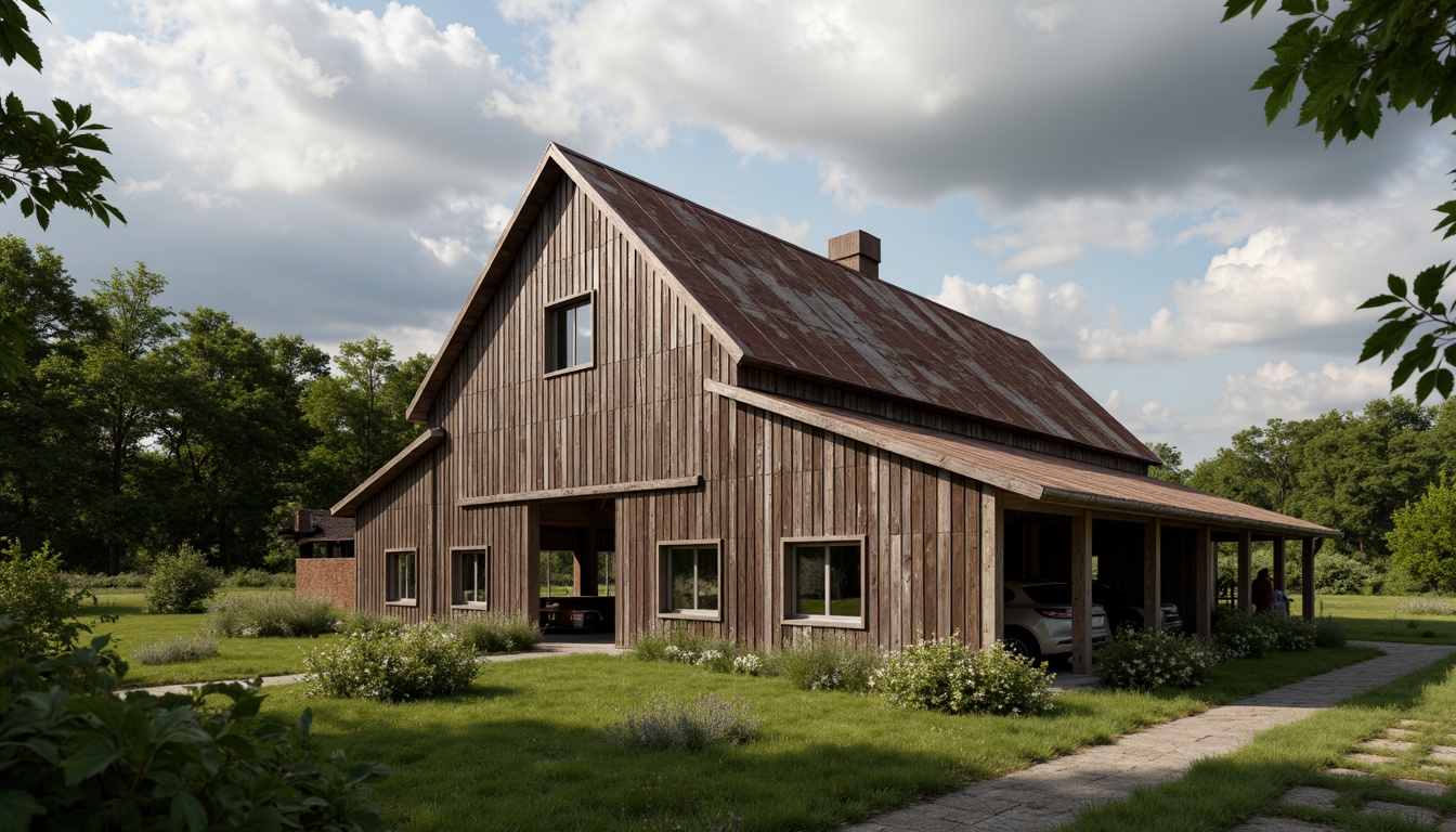 Prompt: Rustic barn architecture, wooden beam structure, corrugated metal roofing, weathered steel accents, earthy color palette, lush greenery surroundings, rural landscape, soft natural lighting, dramatic cloud formations, wide-angle lens, shallow depth of field, 2/3 composition, symmetrical framing, realistic wood textures, ambient occlusion.