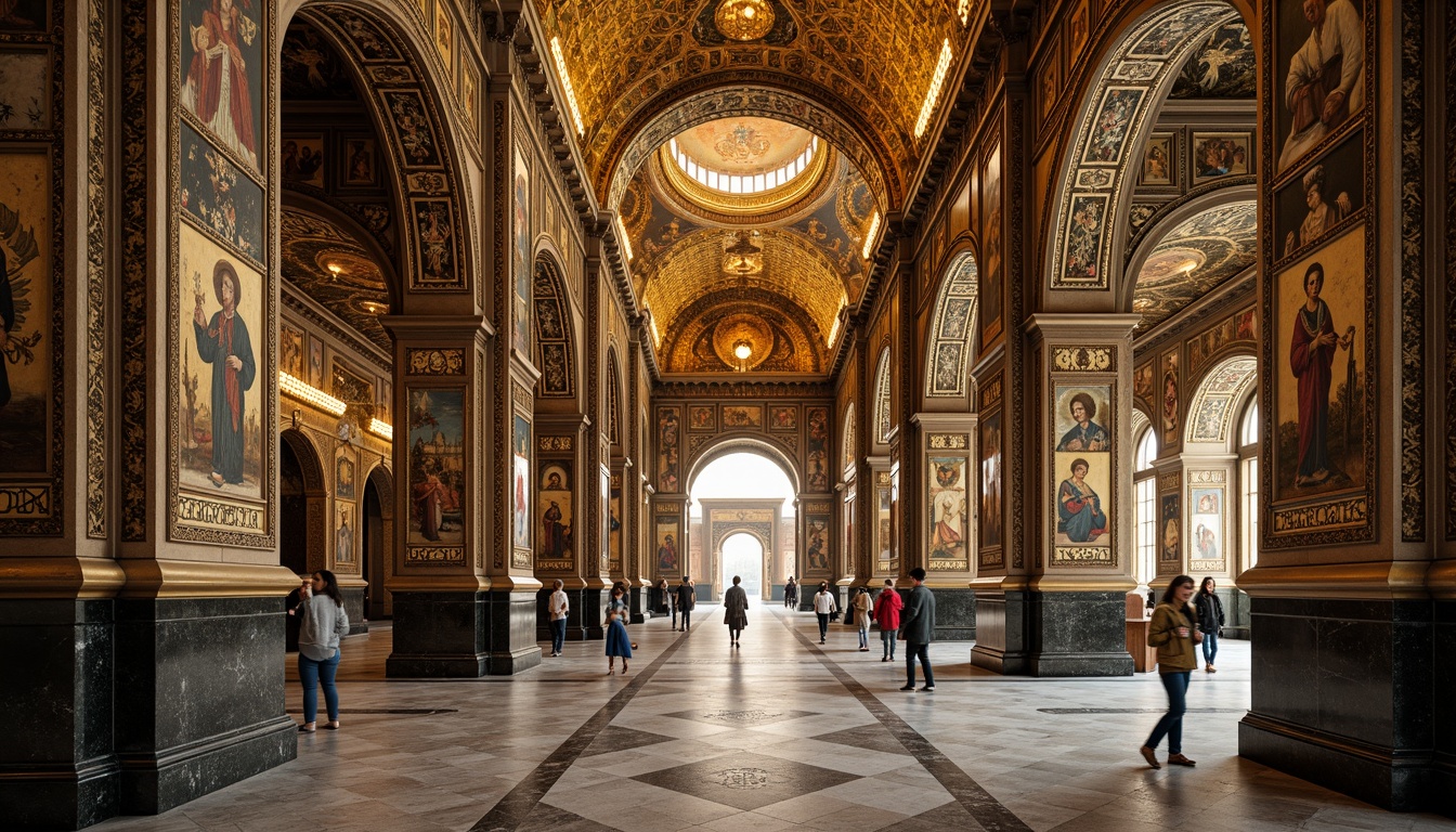 Prompt: Intricate mosaics, golden tesserae, ornate patterns, Byzantine architecture, grand domes, vaulted ceilings, marble floors, ornamental columns, intricate archways, rich jewel tones, lavish decorations, sacred icons, shimmering gold leaf, detailed figurative art, elaborate borders, symbolic imagery, atmospheric lighting, soft warm glow, shallow depth of field, 1/1 composition, realistic textures, ambient occlusion.