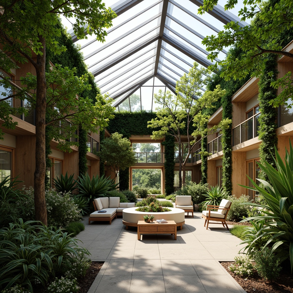 Prompt: Vibrant atrium, lush green walls, skylights, clerestory windows, transparent roofs, reflective surfaces, natural stone floors, wooden accents, earthy tones, minimalist decor, abundant foliage, dappled shadows, warm soft lighting, shallow depth of field, 1/1 composition, panoramic view, realistic textures, ambient occlusion.