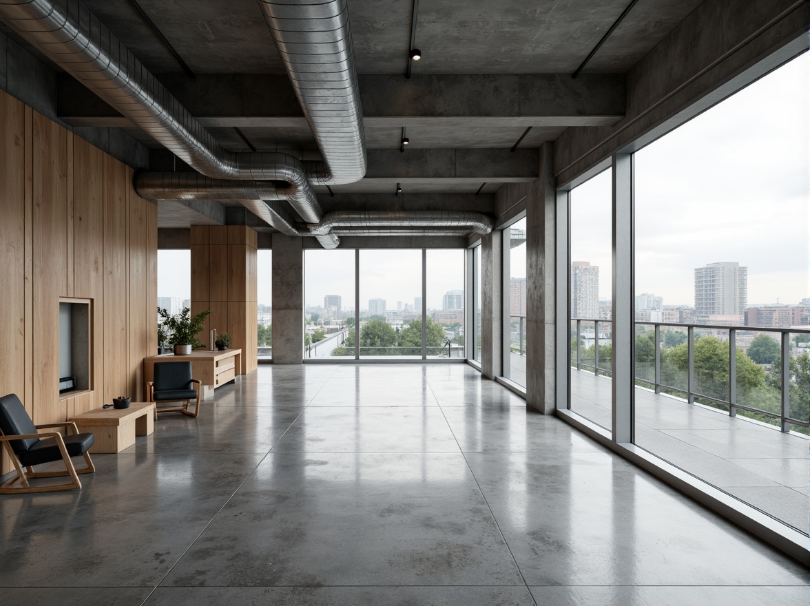 Prompt: Polished concrete floors, exposed ductwork, industrial metal beams, minimalist decor, neutral color palette, large windows, sliding glass doors, open floor plans, functional simplicity, brutalist-inspired structures, raw unfinished textures, matte finishes, urban cityscape, cloudy overcast sky, soft diffused lighting, shallow depth of field, 3/4 composition, panoramic view, realistic materials, ambient occlusion.