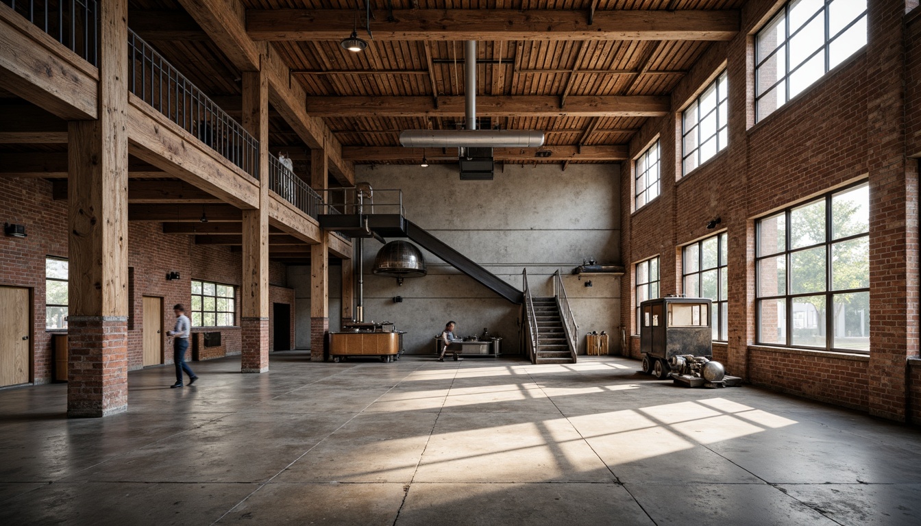 Prompt: \Abandoned industrial warehouse, rustic brick facade, worn wooden beams, distressed metal accents, vintage machinery, reclaimed wood floors, exposed ductwork, modern minimalist interior, sleek steel staircases, polished concrete walls, adaptive reuse concept, sustainable design approach, natural light pouring in, soft warm atmosphere, shallow depth of field, 3/4 composition, panoramic view, realistic textures, ambient occlusion.\