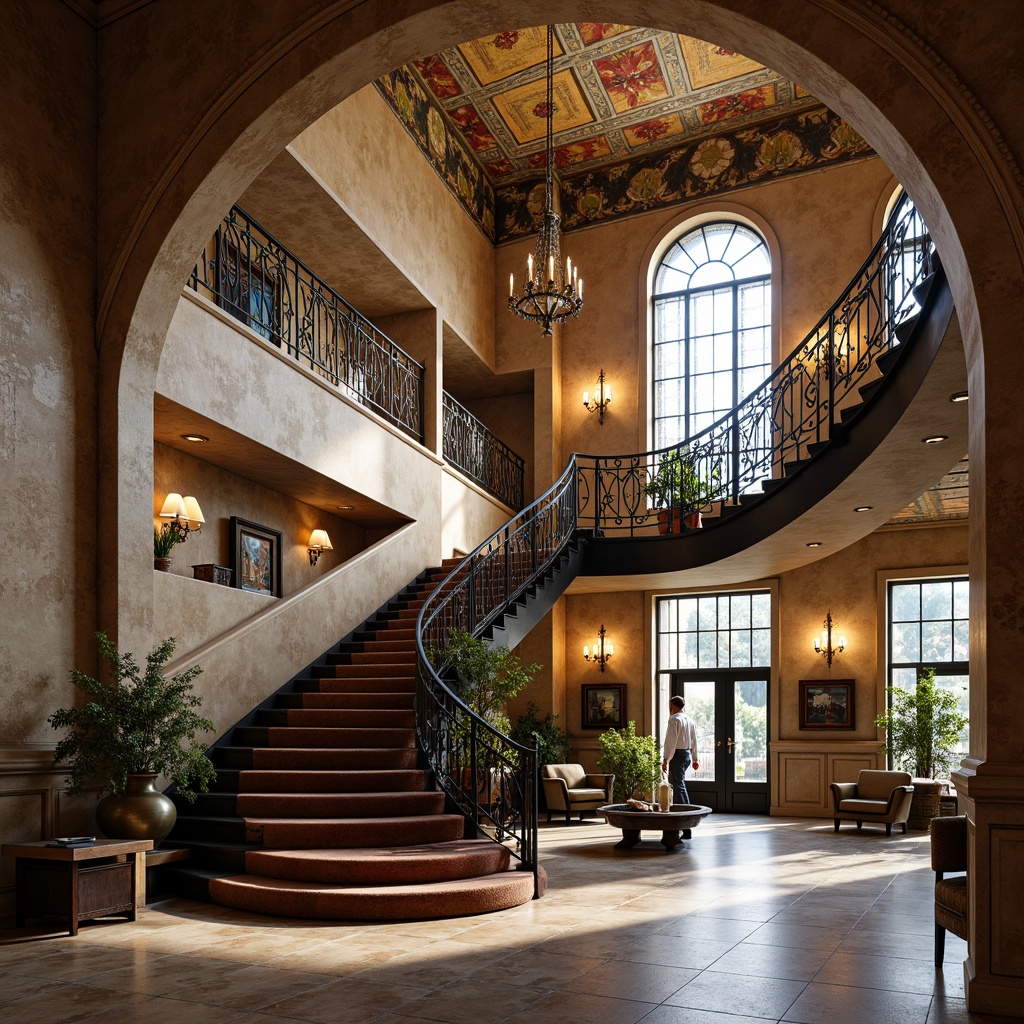 Prompt: Grand staircase, ornate metal railings, flowing organic curves, luxurious chandeliers, intricate mosaics, ornamental frescoes, high ceilings, grand windows, stained glass doors, elegant archways, sophisticated color palette, rich textures, lavish furnishings, natural materials, soft warm lighting, shallow depth of field, 1/2 composition, atmospheric perspective, realistic reflections, ambient occlusion.