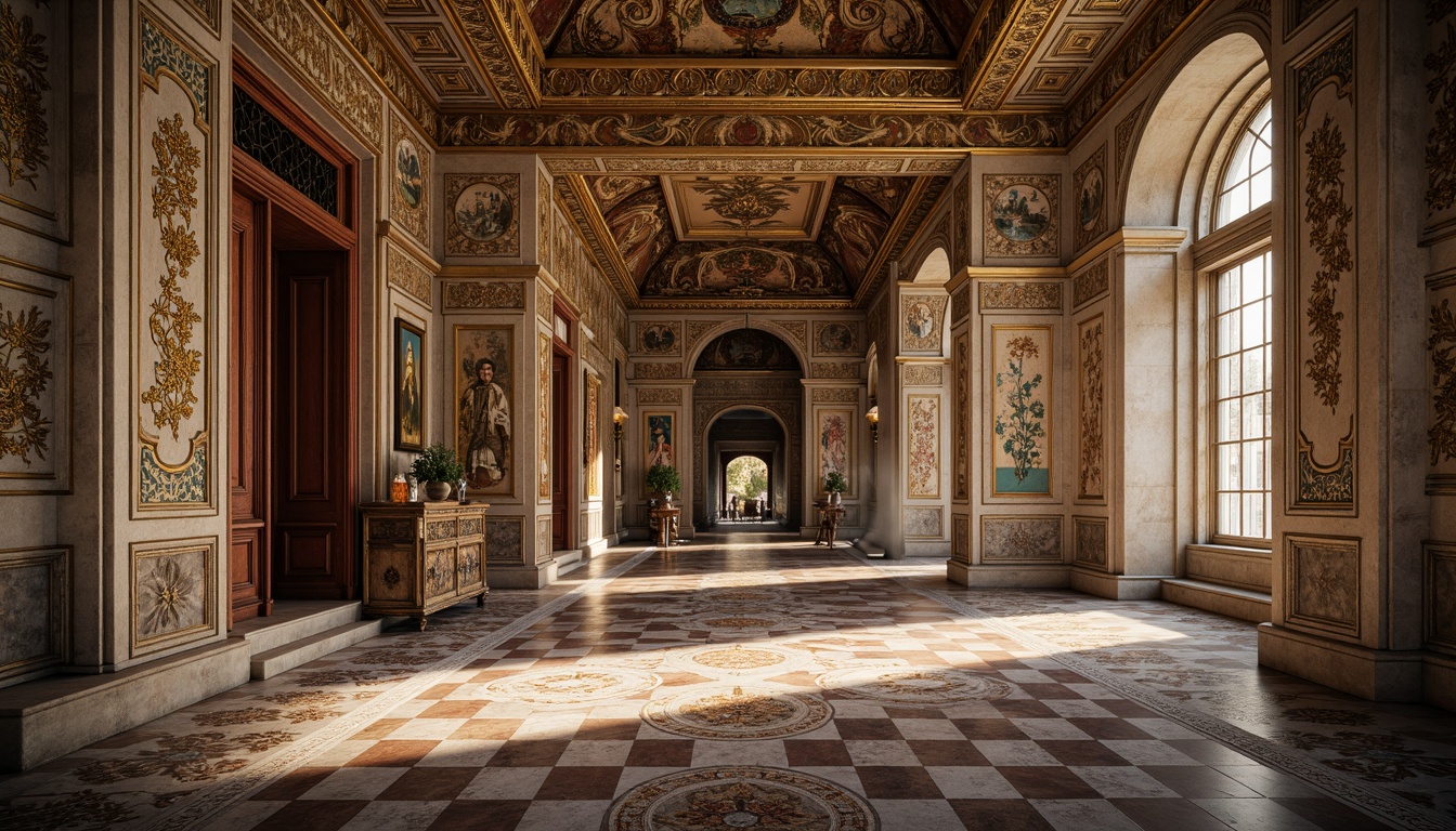 Prompt: Intricate stone carvings, ornate arches, golden domes, vibrant mosaics, richly patterned textiles, grand entranceways, ornamental capitals, polished marble floors, elaborate frescoes, dramatic vaulted ceilings, warm ambient lighting, shallow depth of field, 1/1 composition, symmetrical framing, realistic textures, detailed normal maps.