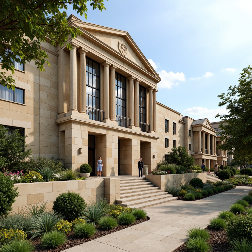 Prompt: Elegant neoclassical building, grand entrance, ornate columns, symmetrical facade, large windows, natural stone walls, recycled materials, energy-efficient systems, solar panels, green roofs, rainwater harvesting, grey water reuse, low-flow fixtures, organic gardens, native plant species, urban agriculture, vertical farming, composting facilities, educational signage, interactive exhibits, eco-friendly transportation, electric vehicle charging stations, shaded outdoor spaces, misting systems, warm beige stonework, soft natural lighting, 3/4 composition, panoramic view, realistic textures, ambient occlusion.