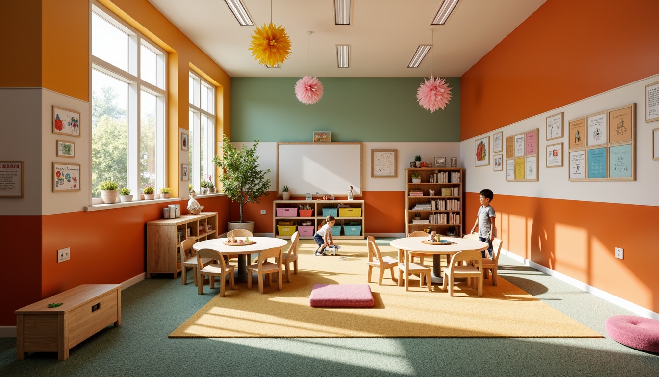 Prompt: Vibrant kindergarten interior, warm orange accent walls, playful circular tables, sturdy wooden chairs, colorful storage bins, educational posters, interactive whiteboards, cozy reading nooks, soft carpeted floors, natural light pouring through large windows, cheerful decorative balloons, lively atmosphere, shallow depth of field, 1/1 composition, realistic textures, ambient occlusion.