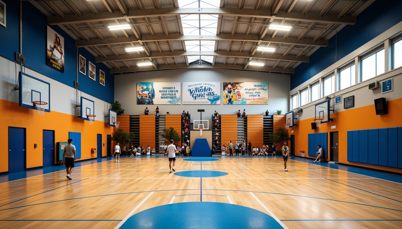 Prompt: Vibrant gymnasium interior, polished wooden floors, modern sports equipment, basketball hoops, badminton courts, athletic tracks, bright overhead lighting, motivational quotes, inspirational posters, dynamic crowd scenes, energetic atmosphere, shallow depth of field, 1/1 composition, realistic textures, ambient occlusion, warm color palette, enthusiastic cheering sounds.