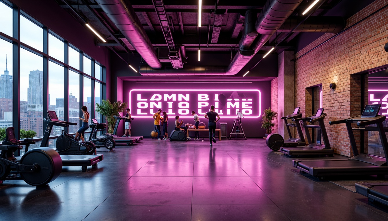 Prompt: Vibrant fitness club, energetic atmosphere, bold color scheme, neon accents, motivational quotes, sleek equipment, modern flooring, high-ceiling windows, natural light, urban landscape, city skyline views, industrial chic design, exposed brick walls, metallic tones, dynamic lighting, 3/4 composition, shallow depth of field, realistic textures, ambient occlusion.