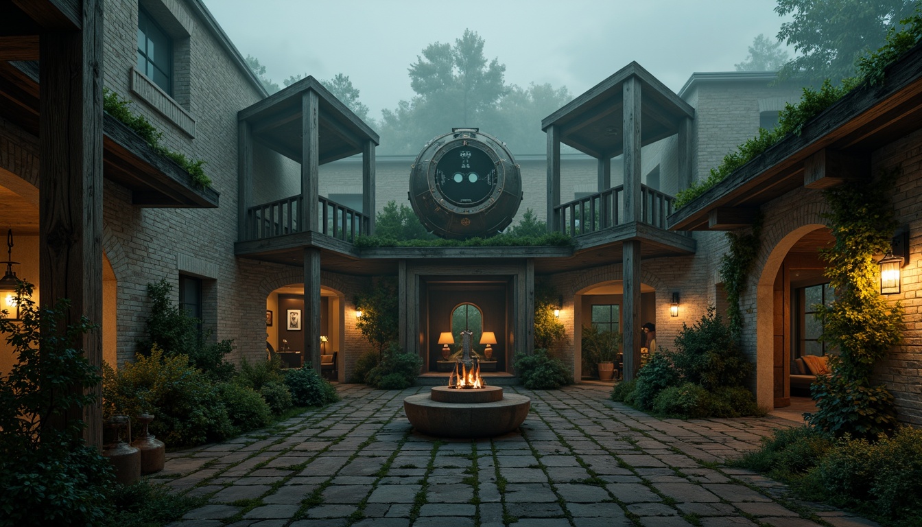 Prompt: Rustic watchtower, crumbling stone walls, overgrown ivy, moss-covered roofs, wooden beam structures, distressed metal accents, weathered copper details, vintage astronomical instruments, antique telescopes, mysterious lanterns, dim warm lighting, atmospheric mist, cinematic fog, low-key composition, symmetrical framing, nostalgic textures, dramatic shadows.