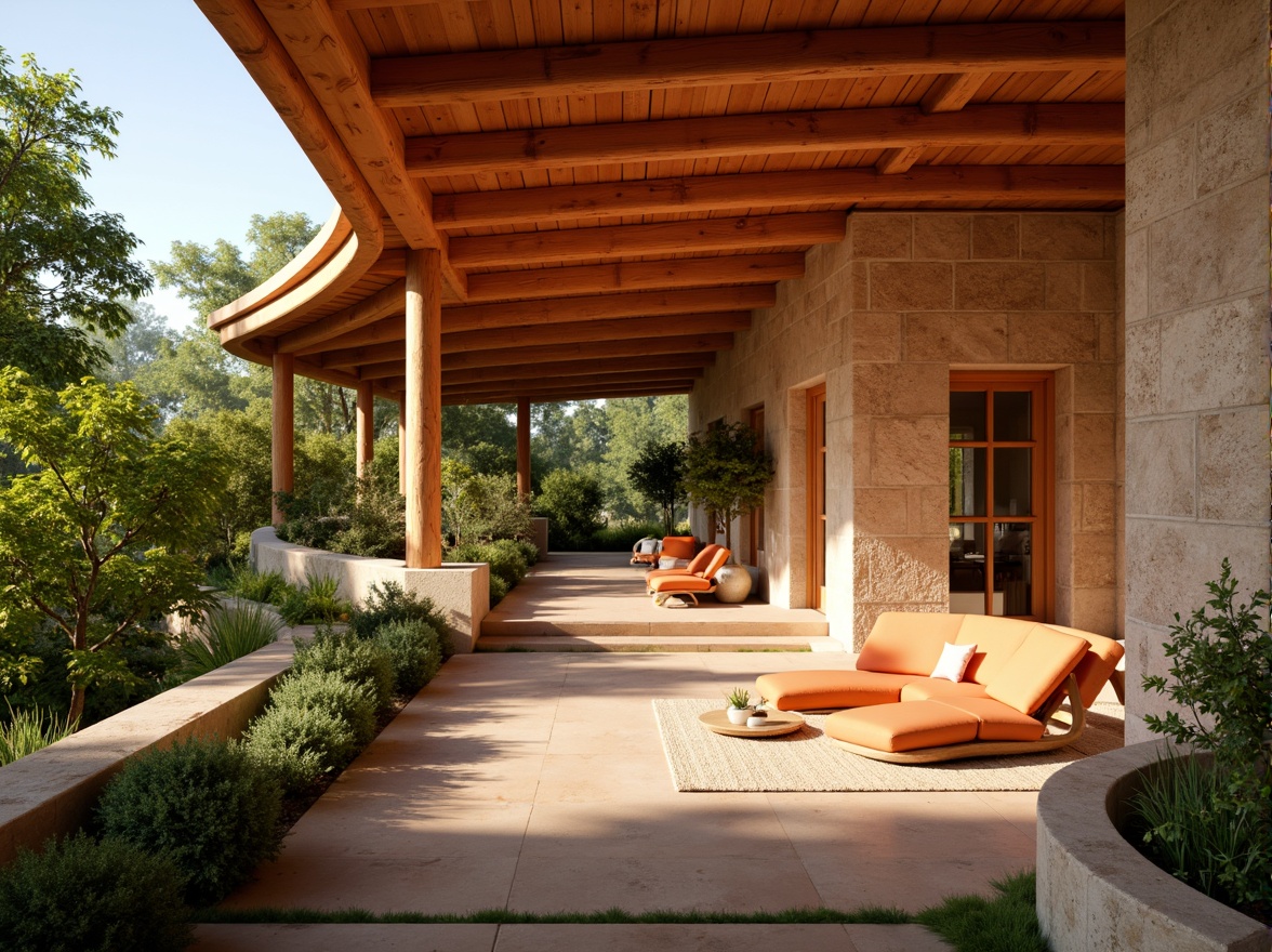 Prompt: Warm persimmon orange hues, earthy terracotta tones, soft beige accents, natural stone walls, rustic wooden beams, vibrant greenery, lush foliage, cozy interior spaces, warm ambient lighting, shallow depth of field, 1/1 composition, realistic textures, ambient occlusion, modern organic architecture, curved lines, minimalist design, eco-friendly materials, sustainable building practices, serene outdoor atmosphere, soft focus blur, warm sunny day.