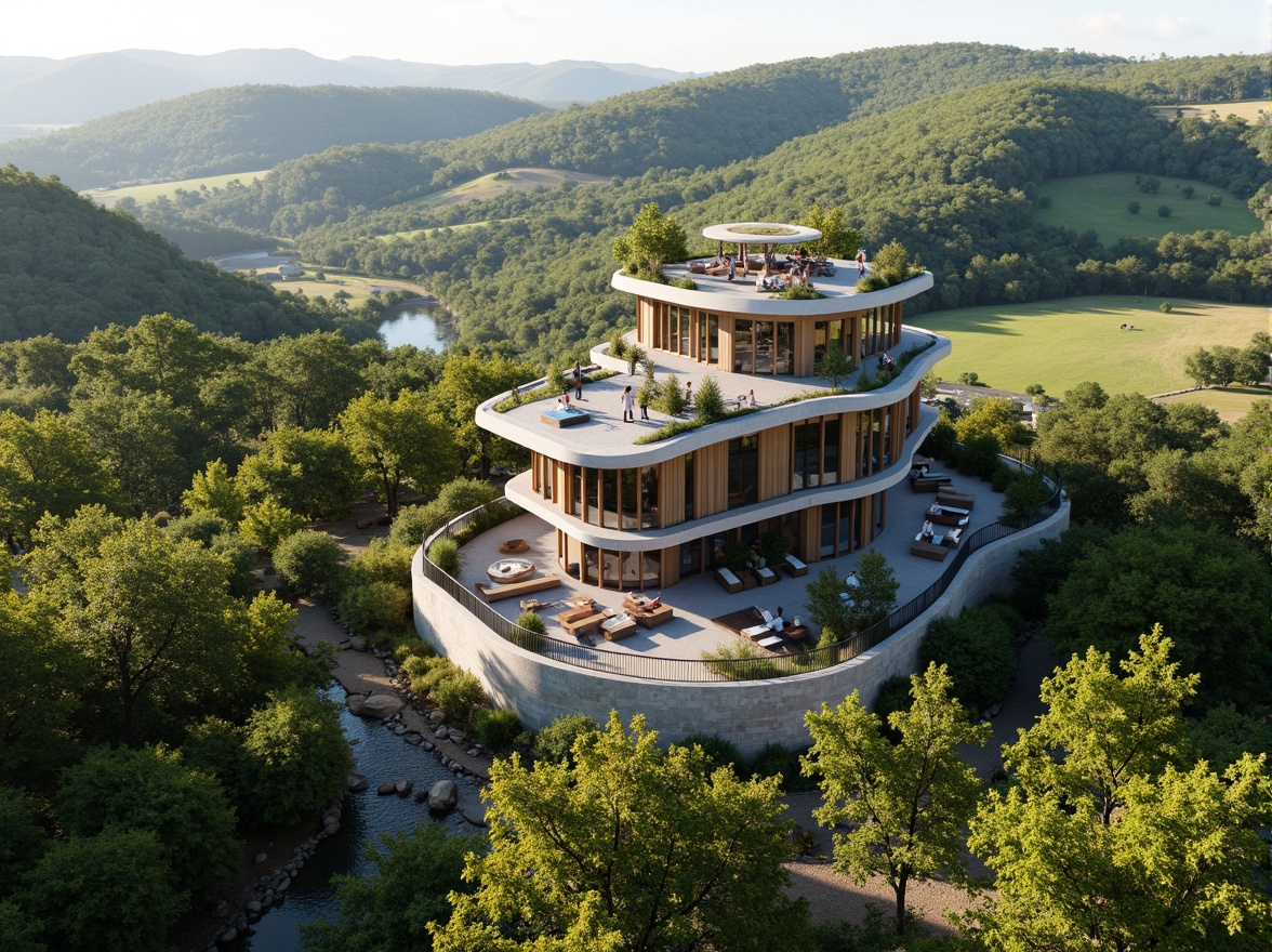 Prompt: Panoramic watchtower, harmonious landscape integration, rolling hills, lush green forests, meandering streams, rustic stone walls, wooden accents, curved lines, modern minimalist design, large windows, panoramic views, 360-degree observation decks, binoculars, telescopes, natural ventilation systems, eco-friendly materials, sustainable energy solutions, solar panels, wind turbines, water conservation systems, green roofs, innovative cooling technologies, shaded outdoor spaces, misting systems, intricate stonework patterns, vibrant earthy tones, warm afternoon lighting, shallow depth of field.