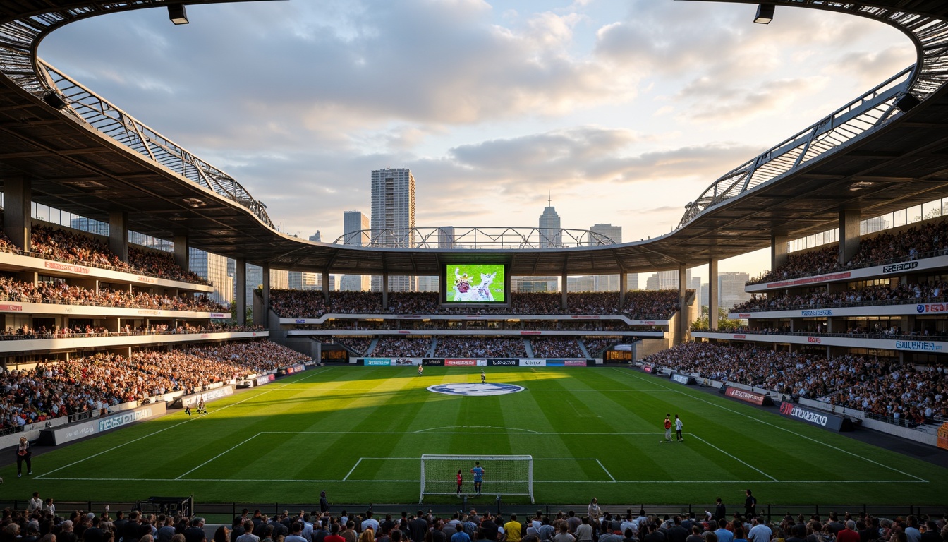 Prompt: Modern soccer stadium, sleek curves, vibrant green turf, tiered seating, floodlights, giant video screens, electronic scoreboards, athletic tracks, player tunnels, VIP lounges, concession stands, merchandise booths, natural stone fa\u00e7ades, metallic roof structures, open-air concourses, urban cityscape backdrop, warm evening atmosphere, golden hour lighting, shallow depth of field, 1/1 composition, dynamic camera angles, realistic crowd simulations, ambient occlusion.