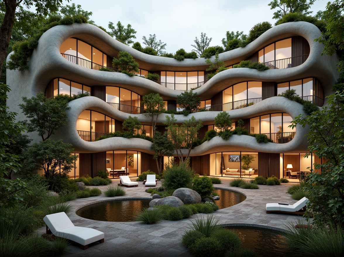 Prompt: Curved blob-like apartments, undulating walls, organic shapes, natural materials, earthy tones, moss-covered roofs, greenery-filled balconies, rounded windows, soft warm lighting, cozy interior spaces, wooden accents, stone floors, flowing water features, lush vegetation, serene atmosphere, shallow depth of field, 1/2 composition, realistic textures, ambient occlusion.