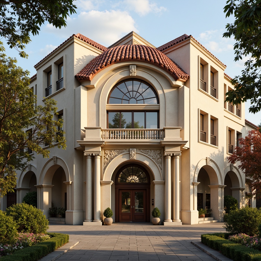 Prompt: Renaissance-style middle school facade, ornate stone carvings, arched windows, grand entrance, symmetrical composition, rusticated base, decorative cornices, red-tiled roof, beige stucco walls, classical columns, intricate moldings, wrought-iron balconies, stained glass doors, warm golden lighting, soft afternoon sun, shallow depth of field, 2/3 composition, realistic textures, ambient occlusion.