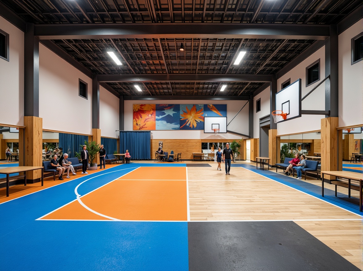 Prompt: Modern gymnasium interior, athletic track, sports equipment, vibrant colored flooring, wall-mounted goalposts, basketball hoops, tennis tables, athletic tracks, exercise machines, mirrored walls, suspended ceilings, acoustic panels, ambient lighting, textured concrete floors, steel beams, wooden accents, natural ventilation systems, flexible seating areas, athletic-inspired textiles, dynamic color schemes, 1/2 composition, soft focus effect, realistic rendering.