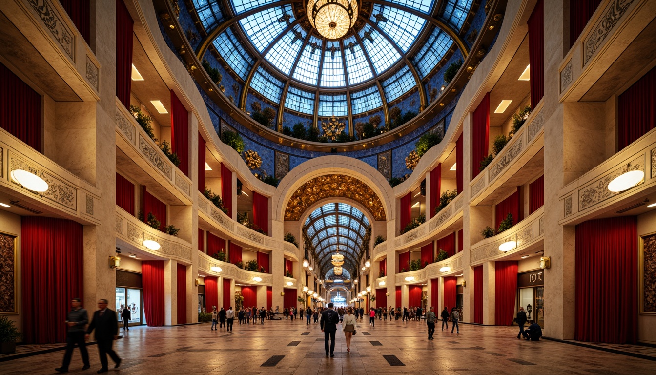 Prompt: Grand opera house, fusion architecture, curved lines, ornate details, vibrant gold accents, grand staircase, red velvet curtains, crystal chandeliers, marble floors, intricate mosaics, sweeping arches, domed roof, natural stone walls, glass ceiling, soft warm lighting, shallow depth of field, 1/2 composition, panoramic view, realistic textures, ambient occlusion, urban cityscape, bustling streets, evening atmosphere, street lamps, pedestrians in motion.