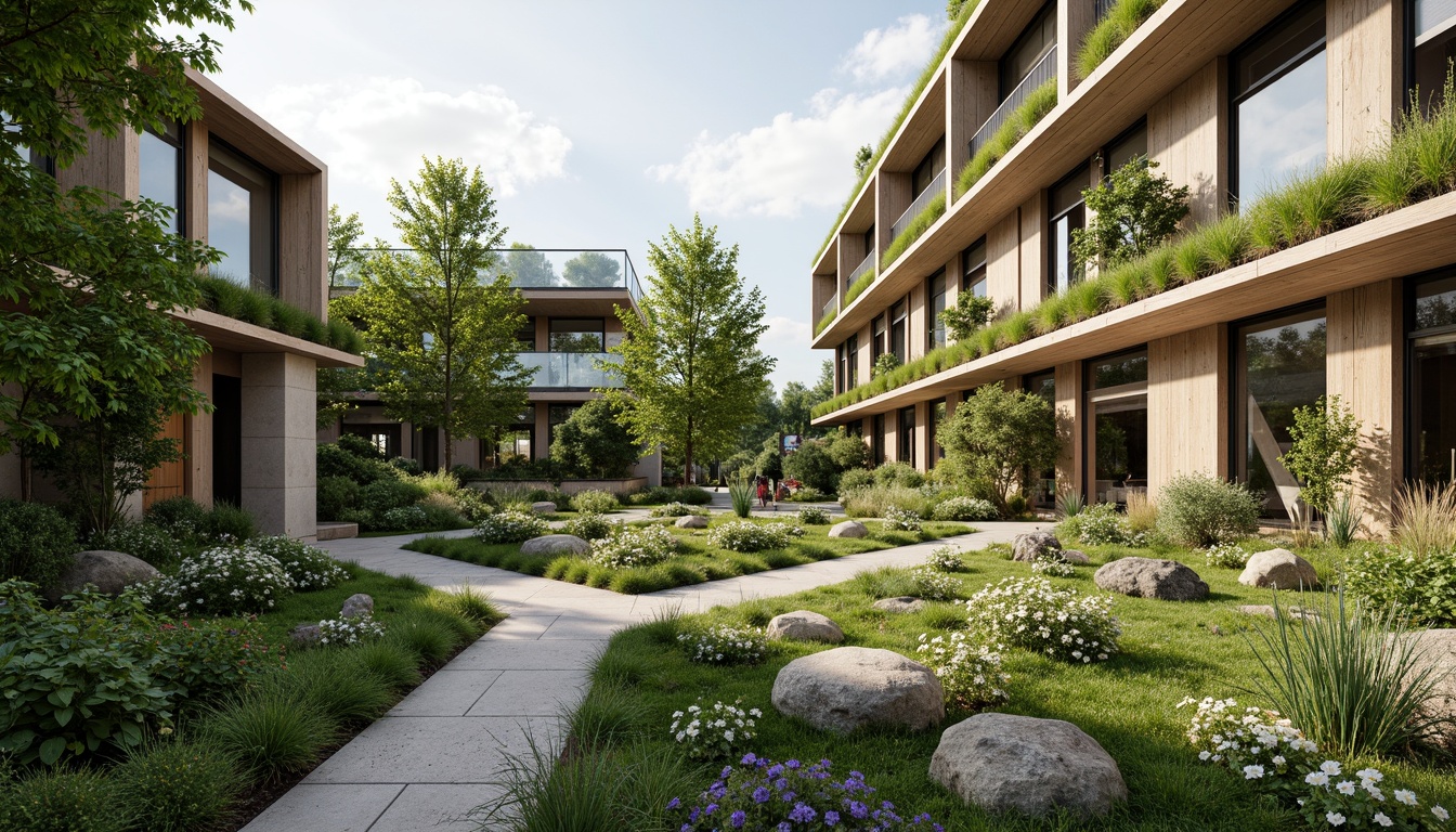 Prompt: Verdant green roofs, lush living walls, reclaimed wood beams, bamboo flooring, solar panels, wind turbines, rainwater harvesting systems, grey water reuse, organic gardens, native plant species, natural ventilation systems, clerestory windows, skylights, recycled glass facades, FSC-certified timber, low-carbon concrete, energy-efficient glazing, biophilic design elements, organic forms, earthy color palette, soft diffused lighting, shallow depth of field, 1/1 composition, realistic textures, ambient occlusion.