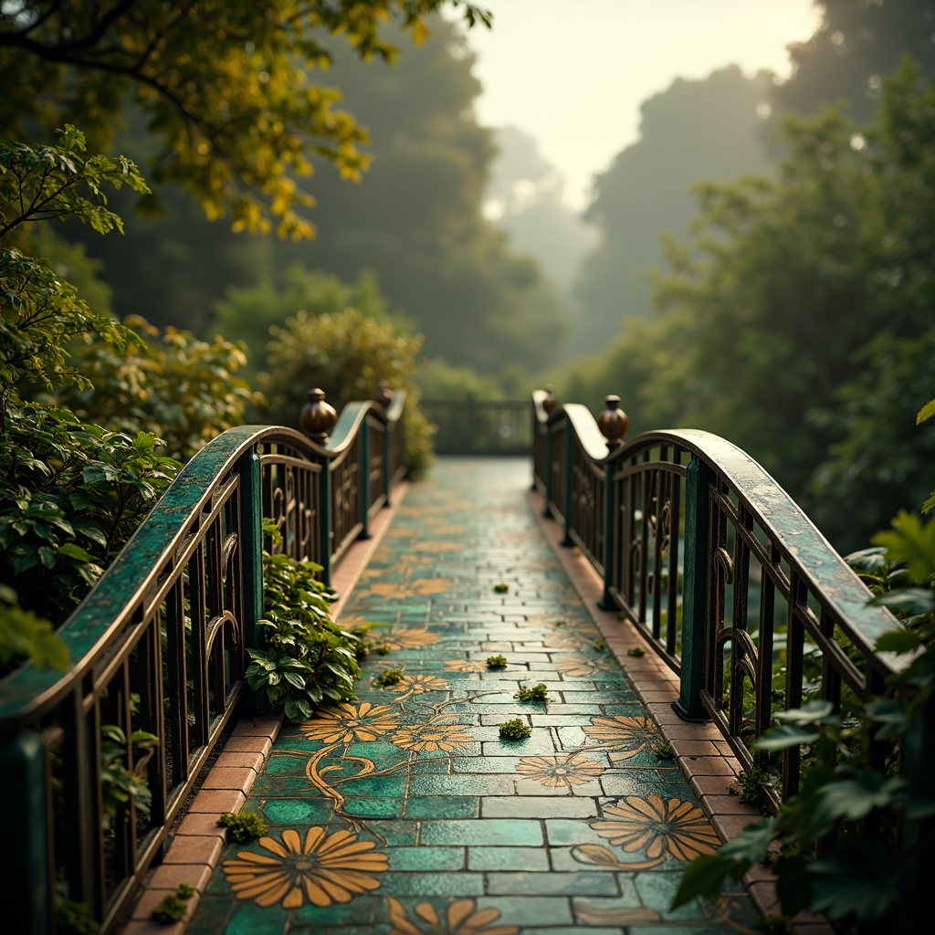 Prompt: Elegant Art Nouveau bridge, ornate metal railings, flowing organic curves, mosaic inlays, iridescent glass tiles, emerald green accents, rich turquoise hues, warm golden lighting, misty atmospheric effects, soft focus, shallow depth of field, 1/2 composition, symmetrical framing, vibrant floral patterns, whimsical botanical motifs, intricate ironwork details.