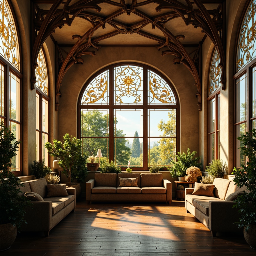 Prompt: Intricate Art Nouveau ornaments, flowing organic lines, soft warm lighting, stained glass windows, ornate metalwork, curved wooden furnishings, botanical motifs, natural materials, earthy tones, whimsical shapes, sinuous curves, elegant proportions, vintage elegance, romantic ambiance, morning sunlight, indirect illumination, 1/2 composition, subtle contrast, realistic textures, ambient occlusion.