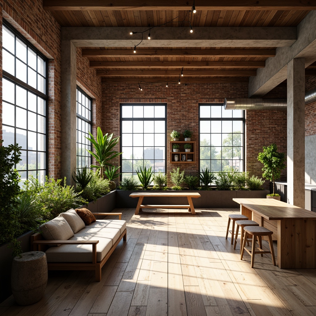 Prompt: Industrial chic loft space, exposed brick walls, reclaimed wood flooring, large windows, natural light, airy atmosphere, eco-friendly materials, low-carbon footprint, energy-efficient systems, solar panels, green roofs, living walls, urban gardening, minimalist decor, recycled metal accents, Edison bulbs, concrete columns, open floor plan, flexible layout, adaptive reuse, converted warehouse, urban renewal, bright sunny day, soft warm lighting, shallow depth of field, 3/4 composition, realistic textures, ambient occlusion.