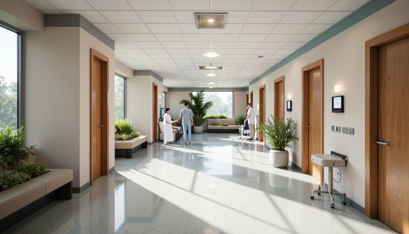 Prompt: Sterile hospital corridors, gleaming metal equipment, soft pastel walls, calming natural light, comfortable seating areas, warm wooden accents, anti-microbial surfaces, durable flooring materials, easy-to-clean countertops, modern medical furniture, high-tech diagnostic tools, minimalist decor, soothing color schemes, noise-reducing acoustic panels, spacious waiting rooms, natural stone flooring, abundant greenery, airy atriums, gentle waterfall features, warm LED lighting, shallow depth of field, 1/2 composition, realistic textures.