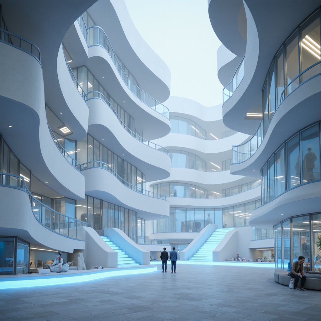 Prompt: Curved, irregular shapes, futuristic architecture, modular components, interconnected nodes, smooth white surfaces, neon-lit accents, glowing blue lines, ethereal ambiance, misty atmosphere, soft focus, shallow depth of field, 3/4 composition, panoramic view, realistic textures, ambient occlusion.