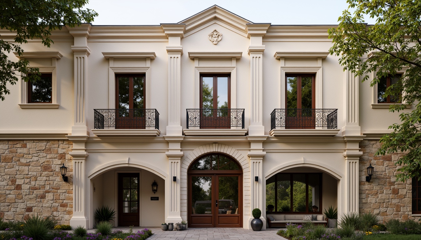 Prompt: Elegant social housing facade, classicist architecture style, symmetrical composition, ornate cornices, decorative pilasters, rustic stone walls, arched windows, balconies with intricate metalwork, subtle color palette, earthy tones, warm beige stones, soft natural lighting, gentle shadows, 1/1 composition, realistic textures, ambient occlusion.