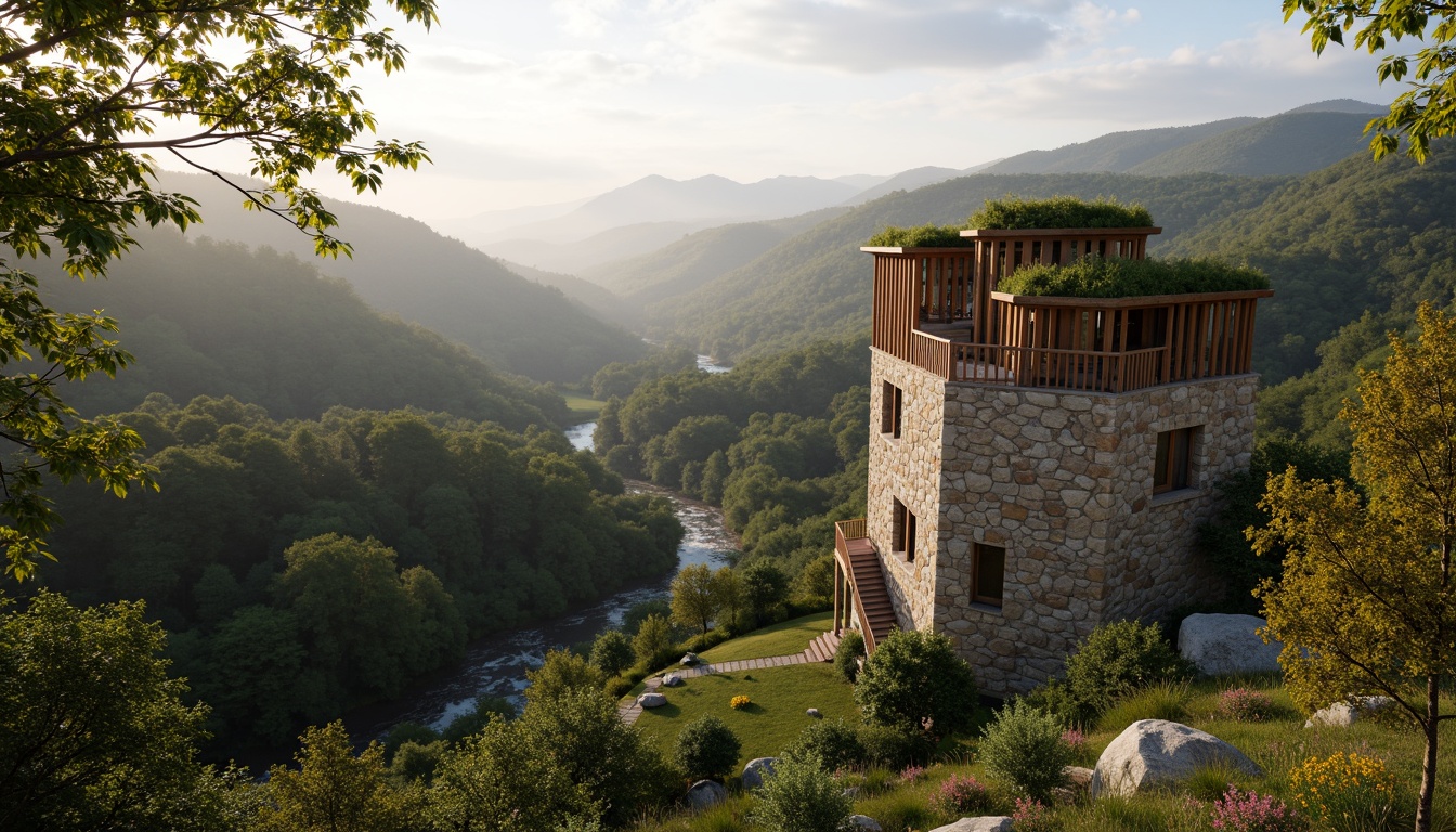 Prompt: Watchtower with rustic stone walls, wooden accents, lush green roofs, blooming wildflowers, winding staircases, panoramic views, misty mornings, soft warm lighting, shallow depth of field, 3/4 composition, natural textures, ambient occlusion, surrounded by rolling hills, dense forests, meandering streams, rural landscapes, serene atmosphere, earthy color palette, organic shapes, blending with nature.