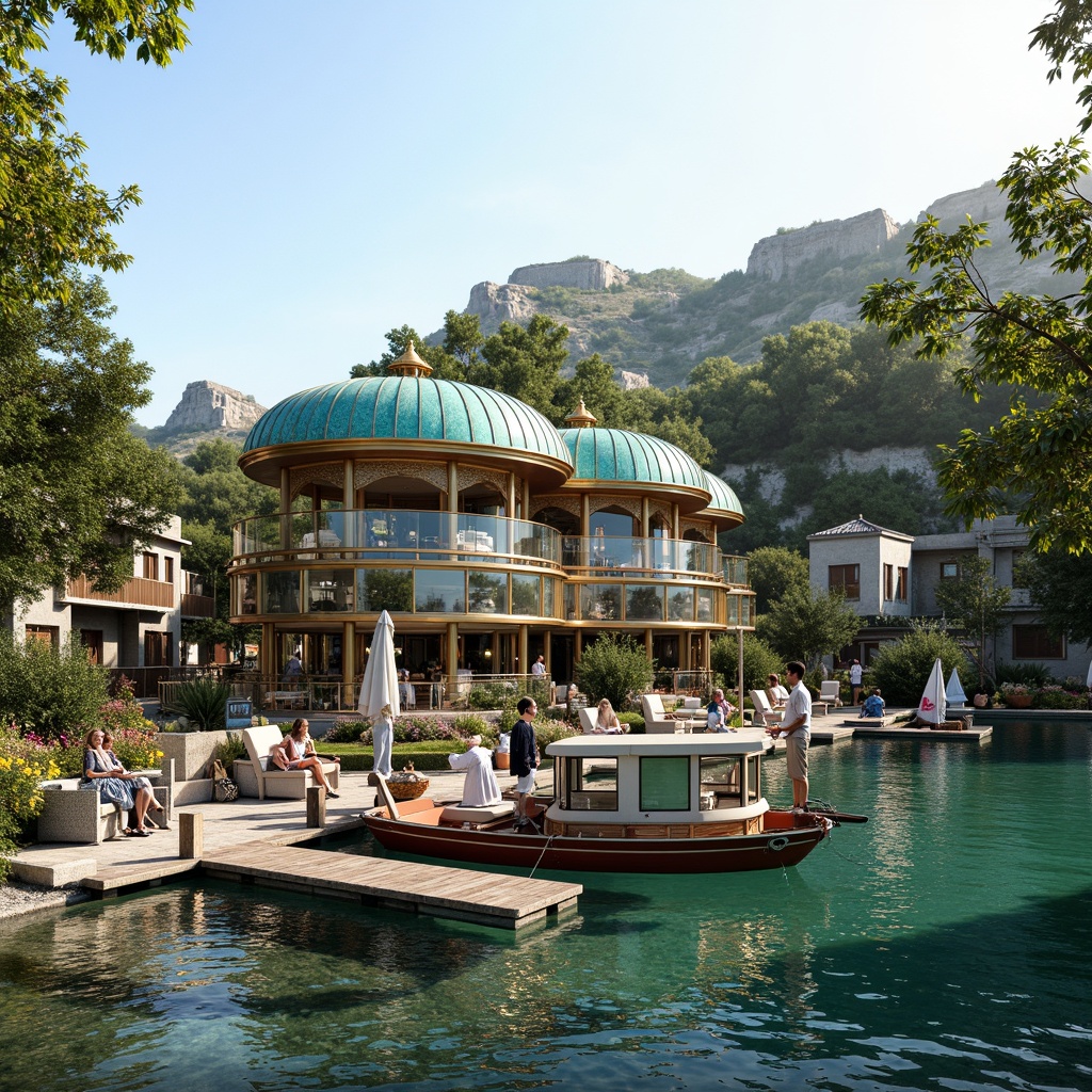 Prompt: Waterfront boathouse, ornate Byzantine architecture, curved rooflines, turquoise domes, golden accents, intricate mosaics, rustic wooden docks, sailing boats, calm lake waters, lush greenery, vibrant flowers, warm sunny day, soft warm lighting, shallow depth of field, 3/4 composition, panoramic view, realistic textures, ambient occlusion.