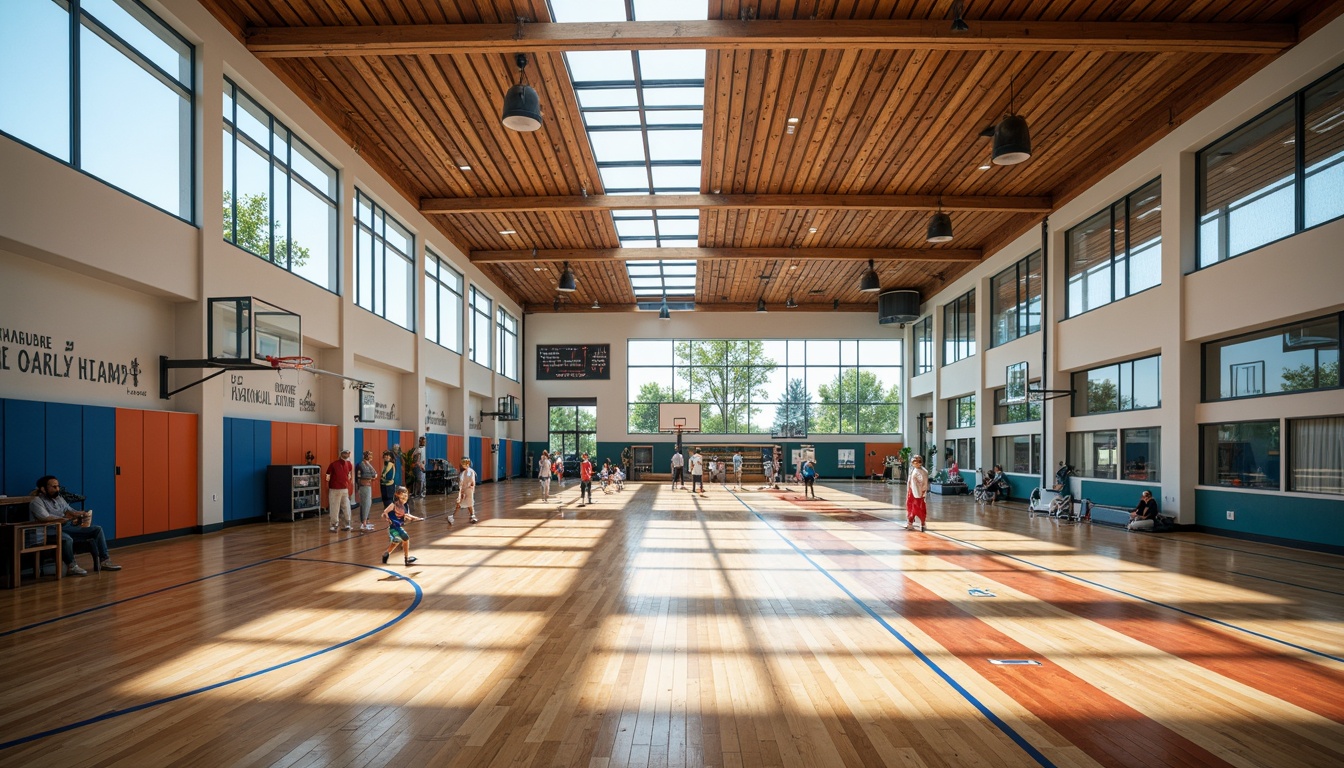 Prompt: Modern gymnasium interior, polished wooden floors, high ceilings, large windows, natural light, athletic equipment, basketball hoops, tennis courts, running tracks, exercise machines, vibrant color schemes, dynamic lighting, shallow depth of field, 1/1 composition, symmetrical framing, realistic textures, ambient occlusion, energetic atmosphere, lively sound effects, warm tone colors, motivational quotes, sports-themed decorations, trophy displays.