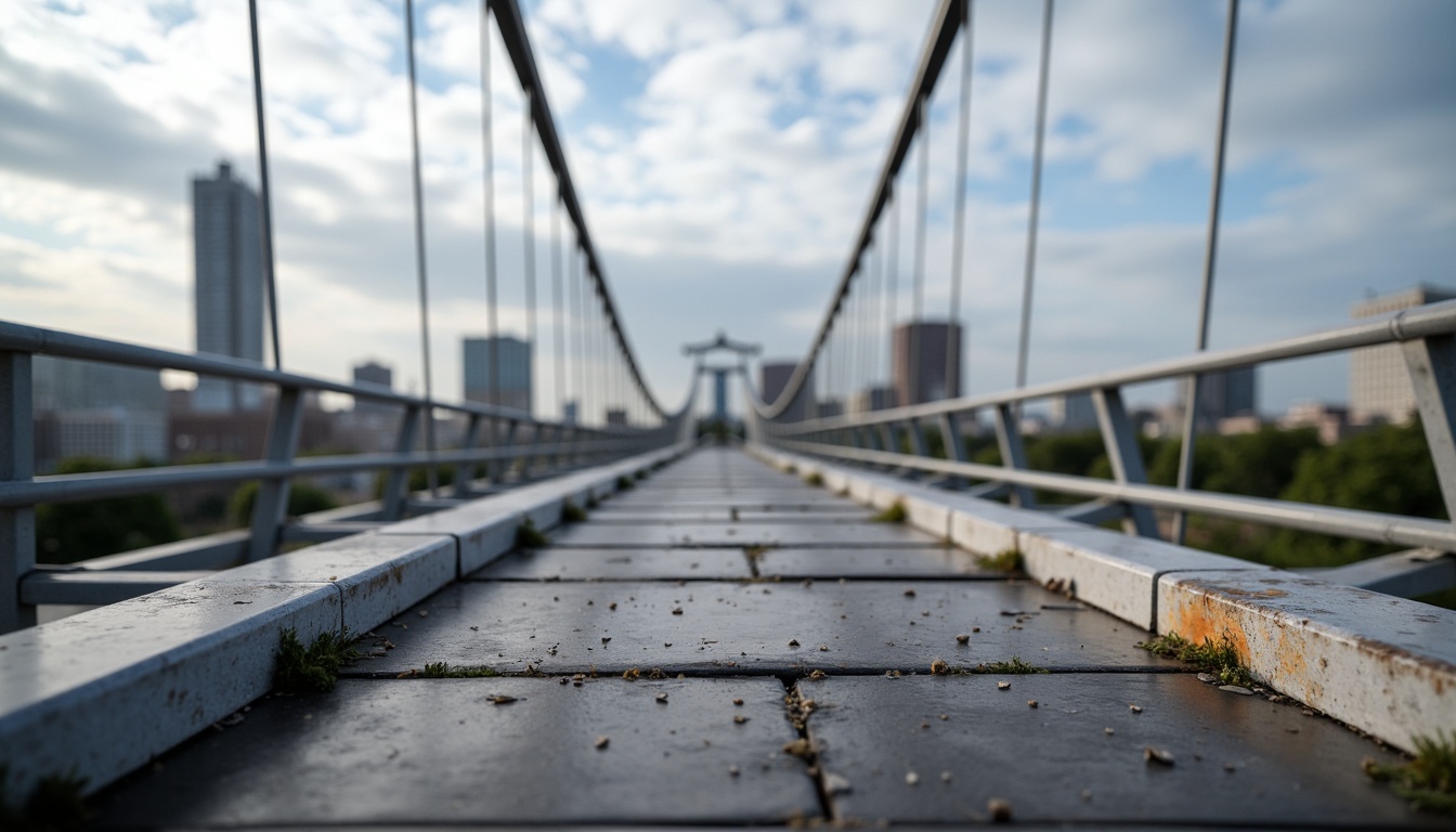 Prompt: Weathered polyethylene bridge components, high-strength tensile properties, corrosion-resistant coatings, durable cable systems, suspended walkways, steel reinforcement, modern infrastructure design, urban cityscape, cloudy sky, soft diffused lighting, shallow depth of field, 3/4 composition, realistic textures, ambient occlusion.Please let me know if this meets your requirements!