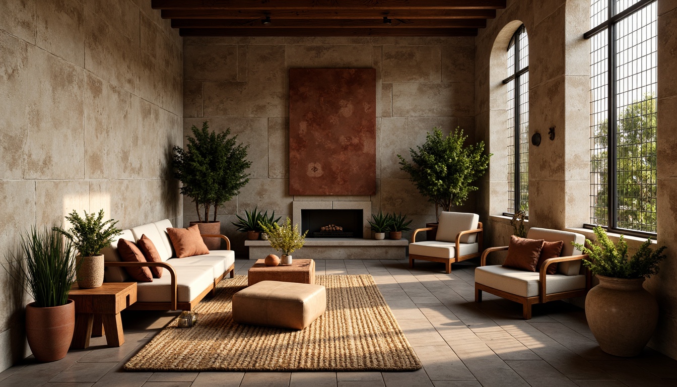 Prompt: Rough stone walls, rustic wooden planks, metallic grids, woven wicker furniture, natural fiber rugs, earthy terracotta pots, organic-shaped planters, distressed leather upholstery, vintage-inspired decorative accents, warm golden lighting, shallow depth of field, 1/1 composition, realistic textures, ambient occlusion.